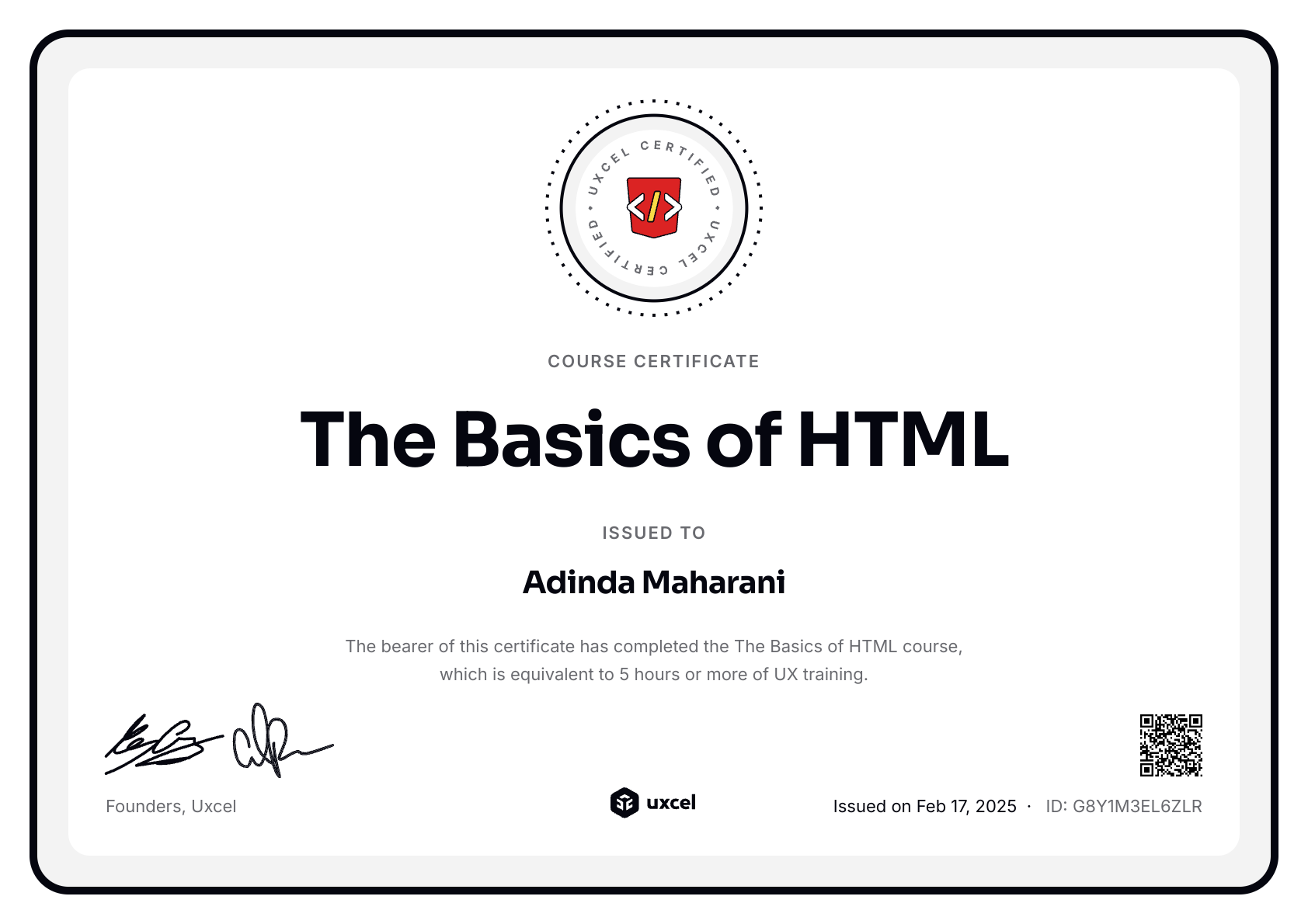 Adinda Maharani's certificate